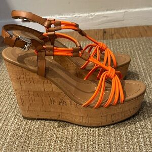 Coach Brown Cork Platform Wedges with Bright Orange Straps
